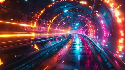 Obraz premium Vivid, futuristic tunnel with colorful neon lights, creating a dynamic and high-energy atmosphere, showcasing modern transportation innovation.
