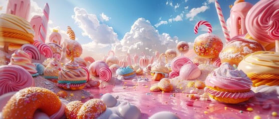 Whimsical candy land with sugary treats, bright blue sky, fluffy clouds, and colorful confections creating a magical, dreamy landscape.