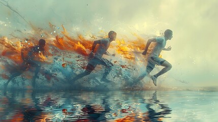 Surreal Digital Portrait of Determined Athletes Competing in a Race