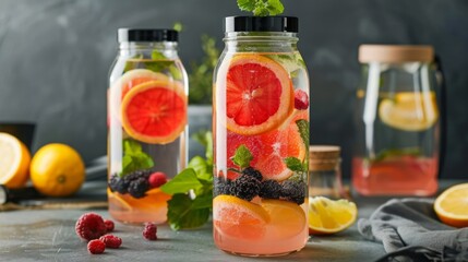 A stylish water bottle filled with infused water containing slices of citrus fruits and berries. --ar 16:9 --style raw Job ID: 40298f03-494f-460a-9b8d-4db76a3a7d2c