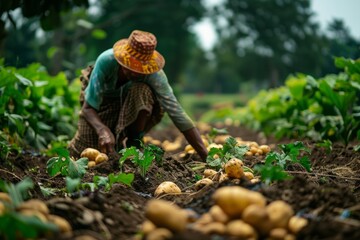Obraz premium A farmer harvests a ripe harvest of excellent potatoes. Harvest concept.
