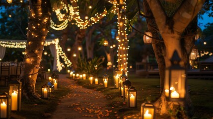 Night wedding ceremony with candles lanterns and bulb lights on tree outdoor