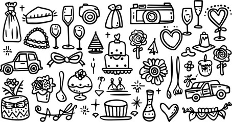Set of wedding icons, line art vector illustration with white background