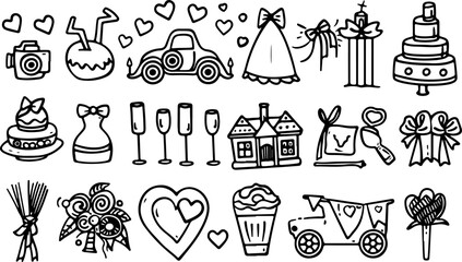 Set of wedding icons, line art vector illustration with white background