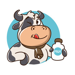 Cute cow holding milk mascot vector cartoon