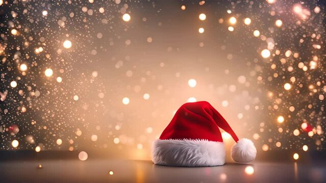 サンタ帽子と金のキラキラ背景. Santa Hat with Golden Sparkling Background. AI generated.