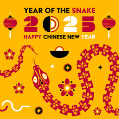 Happy Chinese new year 2025 Snake Zodiac sign, modern flat art design