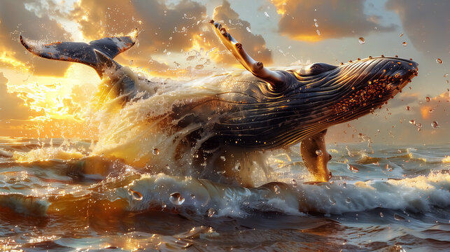 whale breaching out at sunset, jumping out of sea, oil painting. Wall Art Poster Print Design for Home Decor, Decoration Artwork, High Resolution Wallpaper and Background for Computer, Smartphone