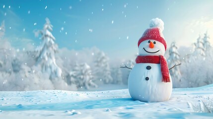 Obraz premium Panoramic view of happy snowman in winter secenery with copy space