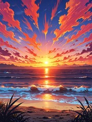 sunset in beach in anime style