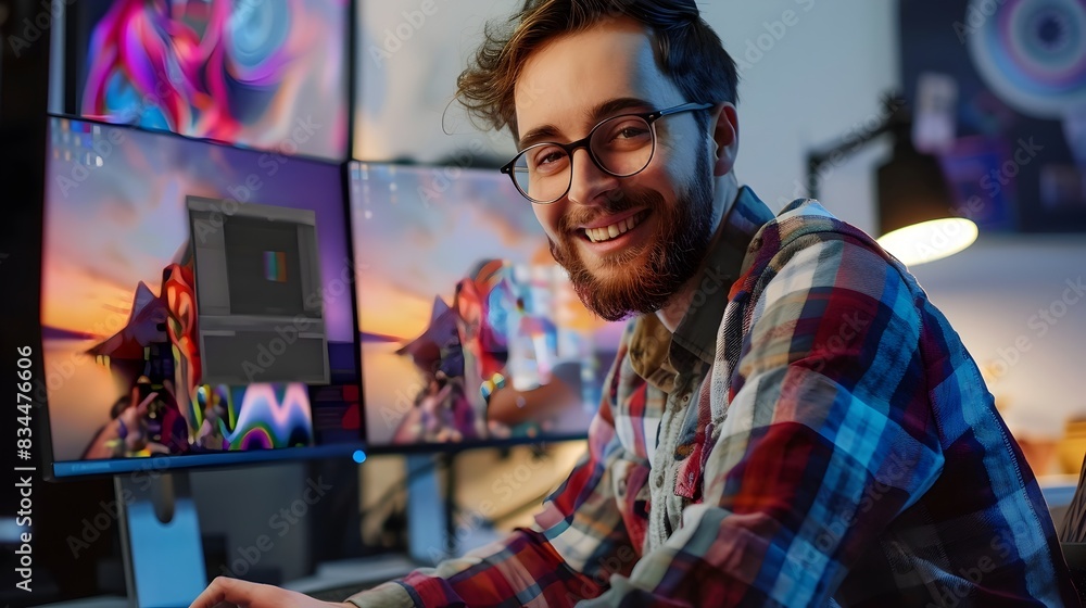 Poster smiling young computer animator happily working at desk with laptop