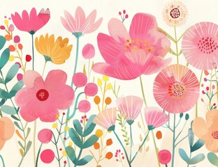 a watercolor illustration of pink, red and yellow flowers, in the style of folk art-inspired illustrations, simplistic designs, animated gifs, felt creations, muted colours