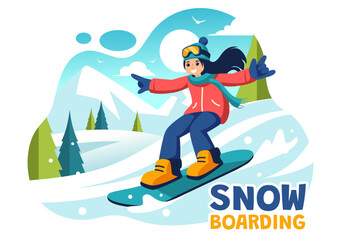 Snowboarding Vector Illustration Featuring People Sliding and Jumping on a Snowy Mountain Slope During Winter, Flat Style Cartoon Background