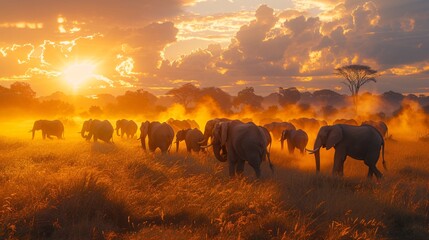 Fototapeta premium A herd of elephants walking through a savanna at sunrise