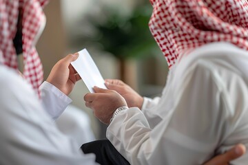 Two businessmen are holding cooperation contract papers.