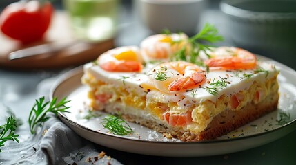 Piece of traditional savory swedish sandwich cake smorgastorta with a bread shrimps eggs