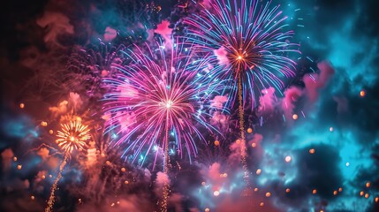 Fototapeta premium A dazzling display of multicolored fireworks lighting up the night sky. - Event decoration background