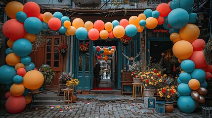 A festive atmosphere with colorful balloons and decorations. - Event decoration background - Powered by Adobe