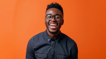 Obraz premium Cute handsome young smile posting exited American man realistic photo in studio shooting full body photograph for advertising.