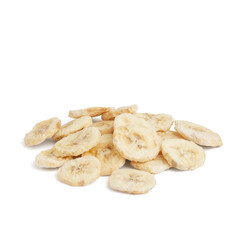 Dried banana slices on white background