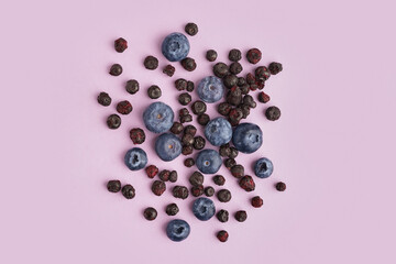 Fresh and freeze-dried blueberries on purple background