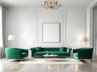 Premium Living Room with White Walls and Emerald Green Sofas. Lounge Furniture and Empty Space for Art or Pictures. Rich Minimal Interior Design. Mockup Luxury Lounge or Reception Office. 3D Render