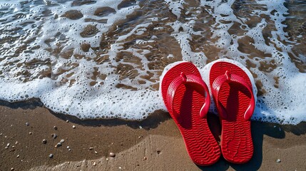 Naklejka premium Red flip flops in heart shapes on the beach