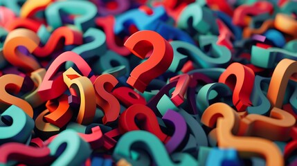 Red question mark on a background of colorful signss