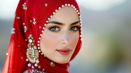 Fototapeta premium Her hijab was adorned with small delicate pearls