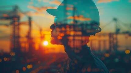 Silhouette of a construction worker with industrial cranes at sunset, representing synergy between human effort and technology.