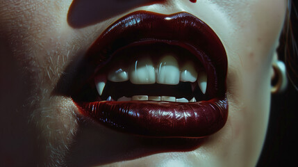 close photo of vampire opened mouth with fangs