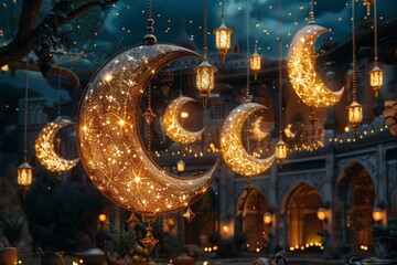 Eid Al-Adha night: glowing crescent moon, serene setting, intricate Islamic patterns, festive ambiance