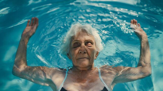 Elderly woman in swimsuit with hands raised in pool