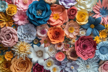 A dense arrangement of paper flowers in various colors and designs, filling the entire frame. The flowers display intricate details and vibrant hues, creating a beautiful and artistic background. 