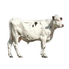 Hand-drawn transparent watercolor illustration of a white cow with black spots on an isolated background.
