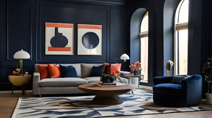 Bold and Daring Interior Design, Deep Navy Blue Accent Walls Adding Depth and Drama to Modern Spaces, Contemporary Elegance,