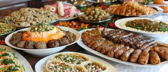 Fototapeta premium The Eid Al-Adha feast features diverse dishes, colorful presentation, a festive atmosphere, cultural significance, family gathering, and a beautifully set dining table