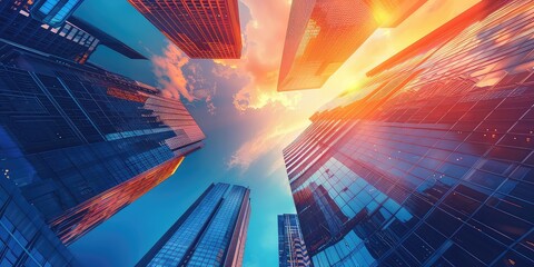 Reflective skyscrapers, business office buildings.