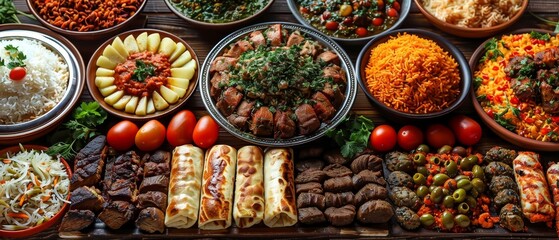 Fototapeta premium At the Eid Al-Adha feast, enjoy diverse dishes, colorful presentation, a festive atmosphere, cultural significance, and family gathering around the dining table