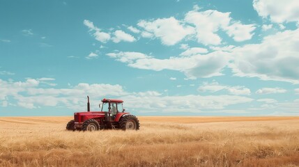 Fototapeta premium red modern tractor in a field of oats