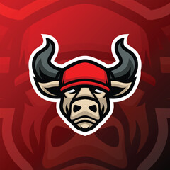 a bull head wearing a red hat and a red background