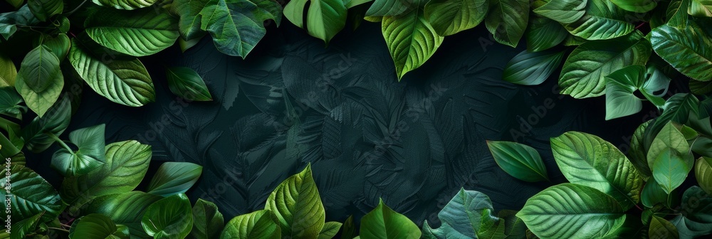 Poster lush green leaves with detailed textures create a natural frame around a central dark empty space