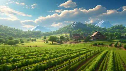 Fototapeta premium Beautiful summer landscape with village and mountains