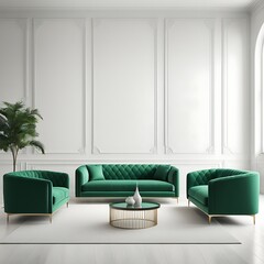 Premium Living Room with White Walls and Emerald Green Sofas. Lounge Furniture and Empty Space for Art or Pictures. Rich Minimal Interior Design. Mockup Luxury Lounge or Reception Office. 3D Render
