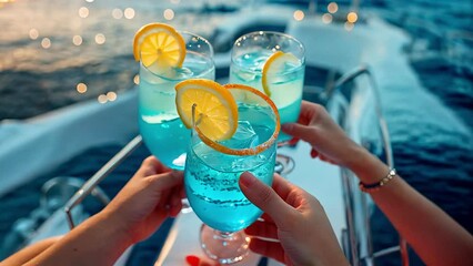 Happy friends having fun And clinking blue Lagoon cocktails close-up at summer party on yacht