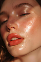 Fototapeta premium Radiant Close-Up Portrait of a Young Woman with Glittering Freckles