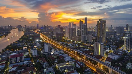 Dusk Over the City, High Angle View of Road and Skyline. Generative Ai