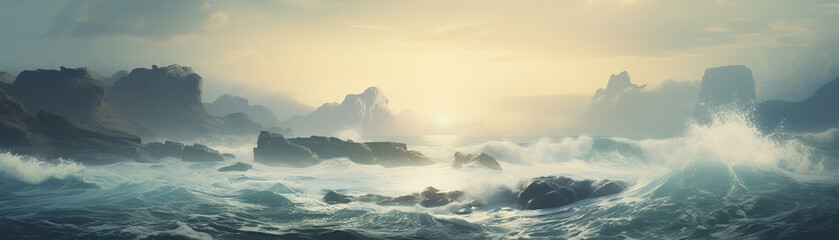 Cliffside ocean view, crashing waves, dramatic scenery (close up, focus on, copy space) Double exposure silhouette with sea