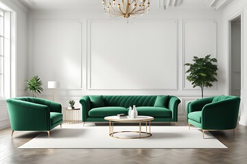 Premium Living Room with White Walls and Emerald Green Sofas. Lounge Furniture and Empty Space for Art or Pictures. Rich Minimal Interior Design. Mockup Luxury Lounge or Reception Office. 3D Render