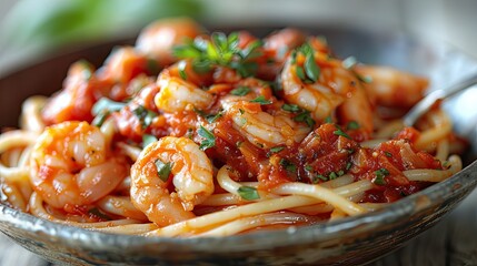 Fry the noodles with vegetables and shrimp in a black bowl. Against the background of the kitchen table. View from above.